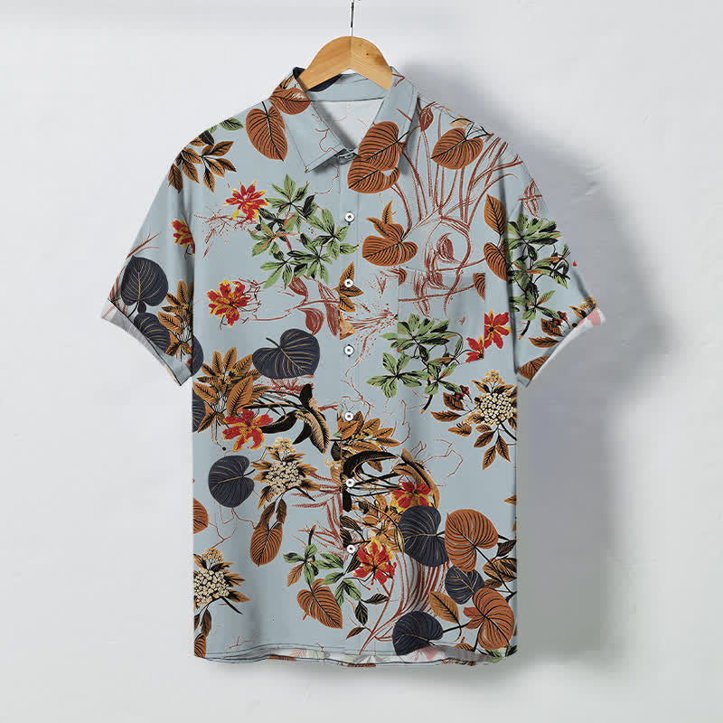 Buddha Stones Atmungsaktives Herren-Kurzarmhemd mit tropischem Blumen- und Blättermuster und Knöpfen - Hellstahlblau - US/ UK/AU48, EU58 (4XL) - image 7