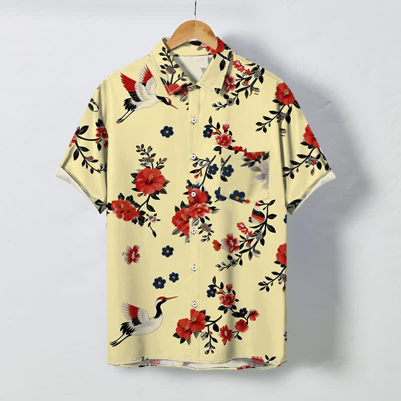 Buddha Stones Atmungsaktives Herren-Kurzarmhemd mit Kranichblütenzweigmuster und Knöpfen - Blassgoldenrode - US/ UK/AU48, EU58 (4XL) - image 0