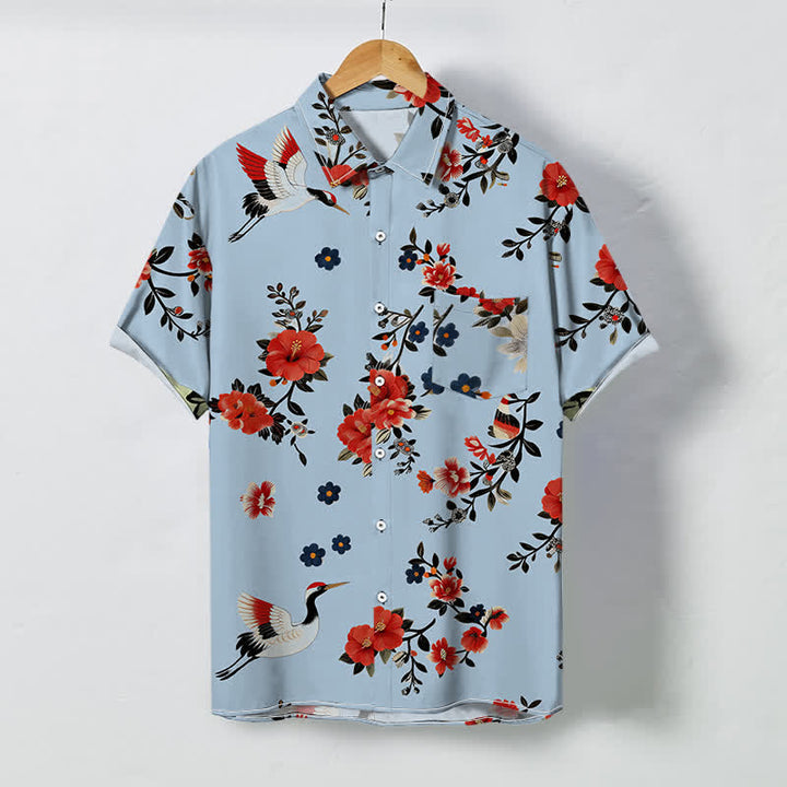 Buddha Stones Atmungsaktives Herren-Kurzarmhemd mit Kranichblütenzweigmuster und Knöpfen - Hellblau - US/ UK/AU48, EU58 (4XL) - image 3