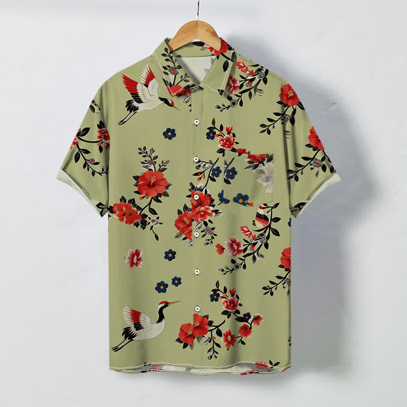Buddha Stones Atmungsaktives Herren-Kurzarmhemd mit Kranichblütenzweigmuster und Knöpfen - Dunkelkhaki - US/ UK/AU48, EU58 (4XL) - image 5