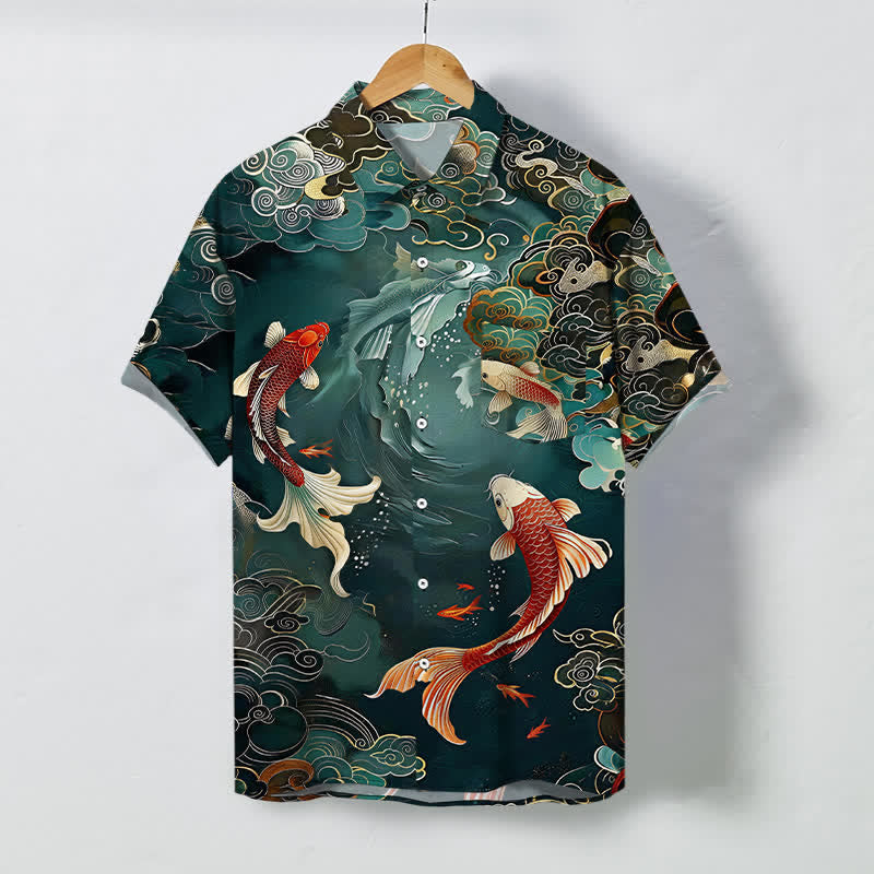 Buddha Stones Vintage Koi-Fisch-Wellen-Wolken-Muster-Knöpfe Atmungsaktives Herren Kurzarmhemd - Türkis - US/ UK/AU48, EU58 (4XL) - image 0