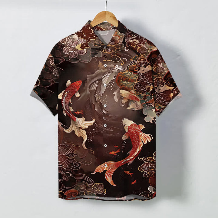 Buddha Stones Vintage Koi-Fisch-Wellen-Wolken-Muster-Knöpfe Atmungsaktives Herren Kurzarmhemd - Sattelbraun - US/ UK/AU48, EU58 (4XL) - image 5