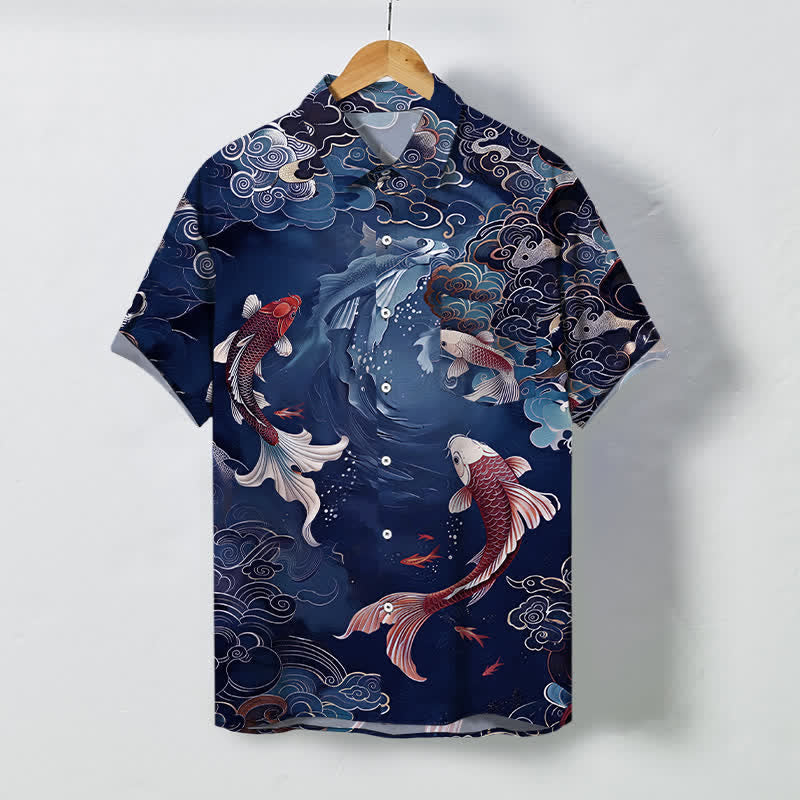 Buddha Stones Vintage Koi-Fisch-Wellen-Wolken-Muster-Knöpfe Atmungsaktives Herren Kurzarmhemd - Marine - US/ UK/AU48, EU58 (4XL) - image 7