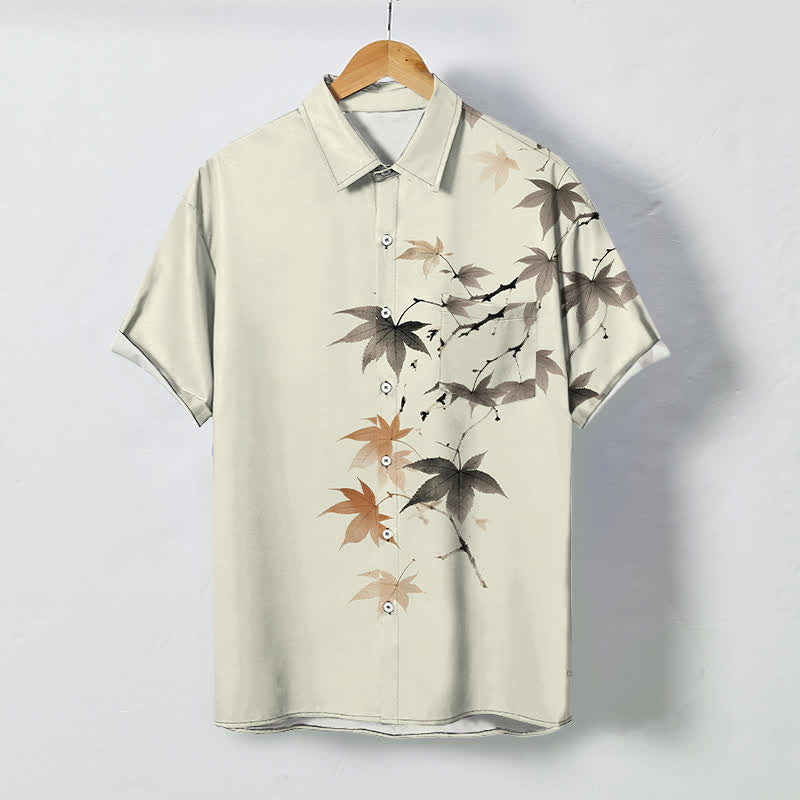 Buddha Stones Atmungsaktives Herren-Kurzarmhemd mit Knöpfen und Ahornzweigmuster im Herbst-Look - Beige - US/ UK/AU48, EU58 (4XL) - image 0