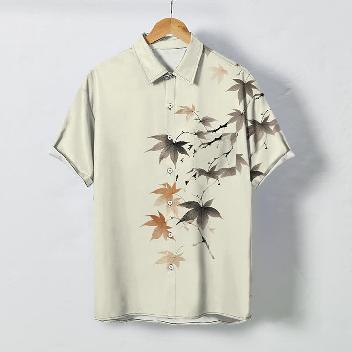 Buddha Stones Atmungsaktives Herren-Kurzarmhemd mit Knöpfen und Ahornzweigmuster im Herbst-Look - Beige - US/ UK/AU48, EU58 (4XL) - image 0