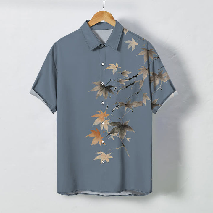 Buddha Stones Atmungsaktives Herren-Kurzarmhemd mit Knöpfen und Ahornzweigmuster im Herbst-Look - Hellstahlblau - US/ UK/AU48, EU58 (4XL) - image 5