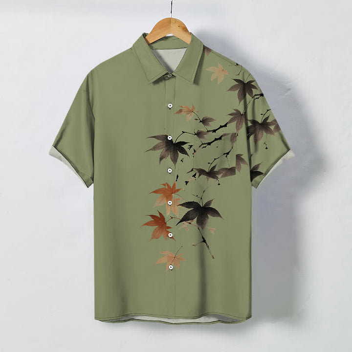 Buddha Stones Atmungsaktives Herren-Kurzarmhemd mit Knöpfen und Ahornzweigmuster im Herbst-Look - Dunkelkhaki - US/ UK/AU48, EU58 (4XL) - image 7