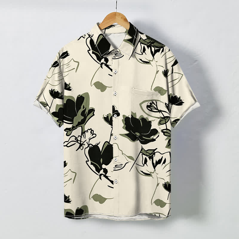 Buddha Stones Atmungsaktives Herren-Kurzarmhemd mit abstraktem floralem Muster und Knöpfen - Beige - US/ UK/AU48, EU58 (4XL) - image 0