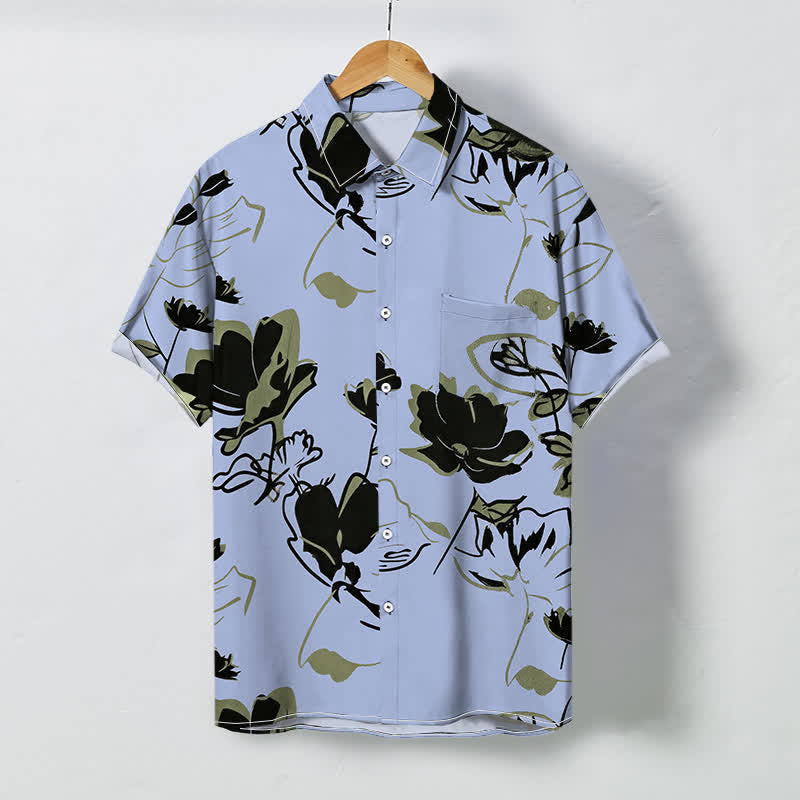 Buddha Stones Atmungsaktives Herren-Kurzarmhemd mit abstraktem floralem Muster und Knöpfen - Hellstahlblau - US/ UK/AU48, EU58 (4XL) - image 3