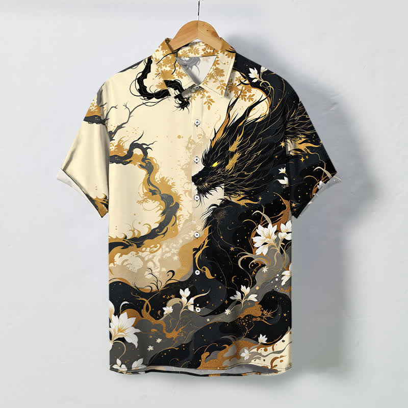 Buddha Stones Herren-Kurzarmhemd mit goldenem Drachen-, Wolken- und Blumenmuster, Knöpfen und atmungsaktivem Material - Antikweiß - US/ UK/AU48, EU58 (4XL) - image 0