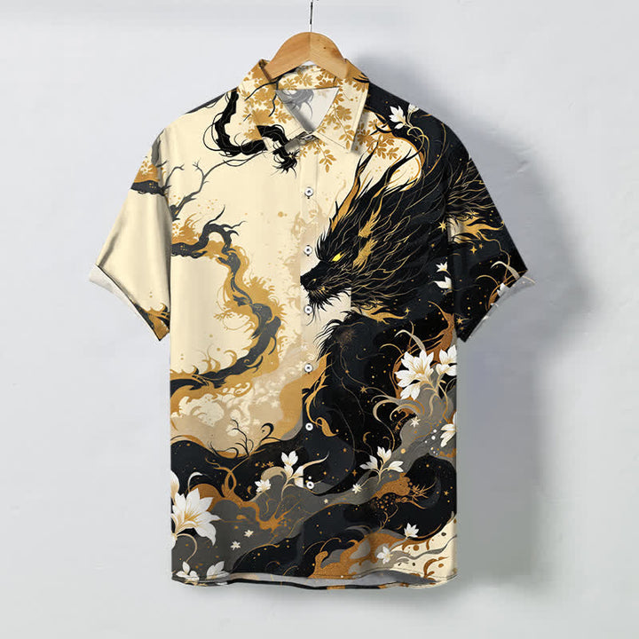 Buddha Stones Herren-Kurzarmhemd mit goldenem Drachen-, Wolken- und Blumenmuster, Knöpfen und atmungsaktivem Material - Antikweiß - US/ UK/AU48, EU58 (4XL) - image 0