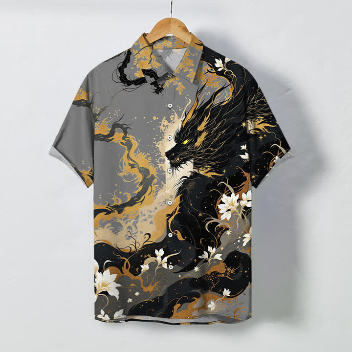 Buddha Stones Herren-Kurzarmhemd mit goldenem Drachen-, Wolken- und Blumenmuster, Knöpfen und atmungsaktivem Material - DimGray - US/ UK/AU48, EU58 (4XL) - image 5