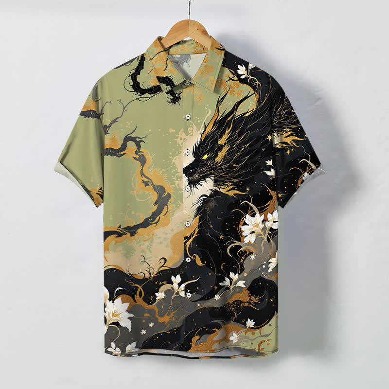 Buddha Stones Herren-Kurzarmhemd mit goldenem Drachen-, Wolken- und Blumenmuster, Knöpfen und atmungsaktivem Material - Gelbgrün - US/ UK/AU48, EU58 (4XL) - image 7