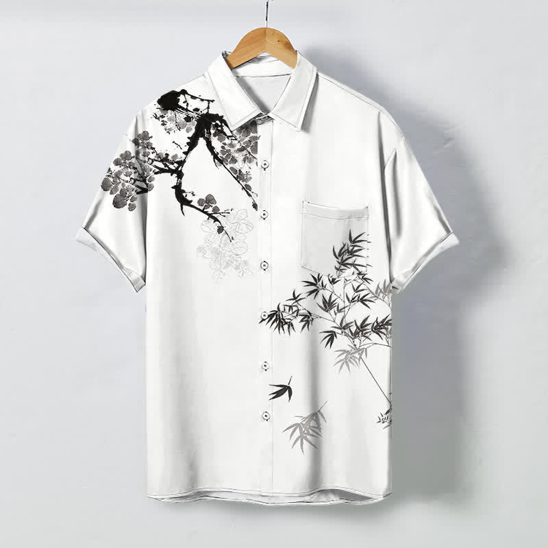 Buddha Stones Kurzarmhemd für Herren mit Bambusblatt- und Zweigmuster, atmungsaktiv, mit Knöpfen - Weiß - US/ UK/AU48, EU58 (4XL) - image 0