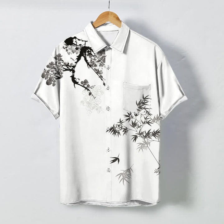 Buddha Stones Kurzarmhemd für Herren mit Bambusblatt- und Zweigmuster, atmungsaktiv, mit Knöpfen - Weiß - US/ UK/AU48, EU58 (4XL) - image 0