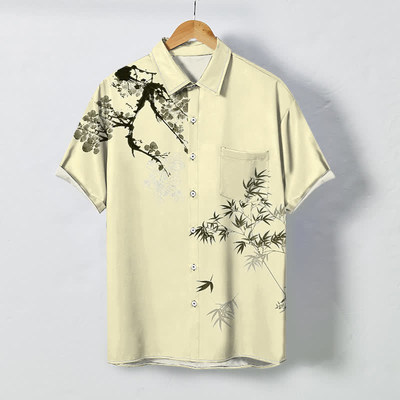 Buddha Stones Kurzarmhemd für Herren mit Bambusblatt- und Zweigmuster, atmungsaktiv, mit Knöpfen - Hellgoldgelb - US/ UK/AU48, EU58 (4XL) - image 5
