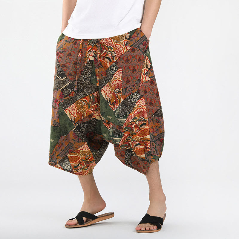 Buddha Stones Sommerliche Boho-Caprihose mit Kordelzug, abstraktem geometrischem Muster und Tasche - Peru - US/ UK/AU46, EU56 (5XL) - image 0