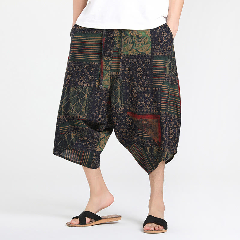 Buddha Stones Sommerliche Boho-Caprihose mit Kordelzug, abstraktem geometrischem Muster und Tasche - Dunkelseegrün - US/ UK/AU46, EU56 (5XL) - image 8