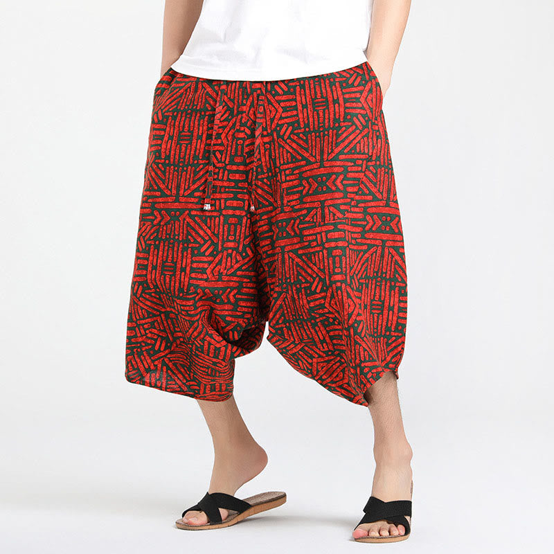 Buddha Stones Sommerliche Boho-Caprihose mit Kordelzug, abstraktem geometrischem Muster und Tasche - Rot - US/ UK/AU46, EU56 (5XL) - image 16