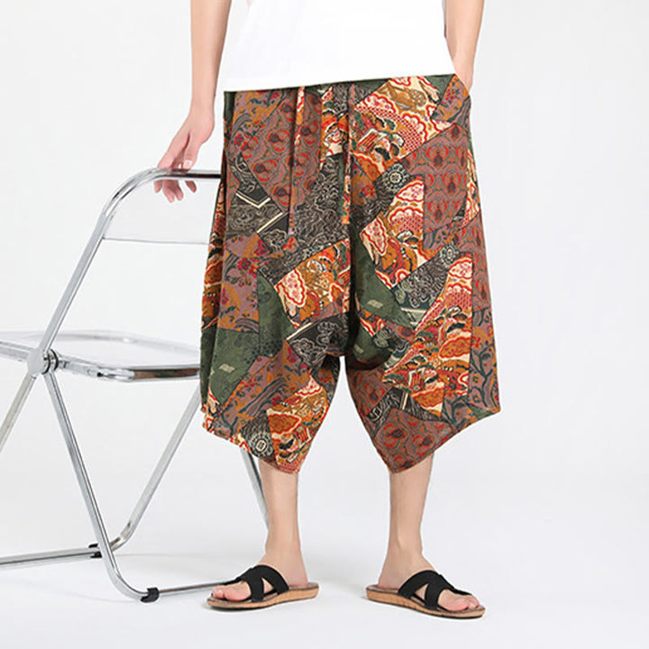 Buddha Stones Sommerliche Boho-Caprihose mit Kordelzug, abstraktem geometrischem Muster und Tasche - image 6