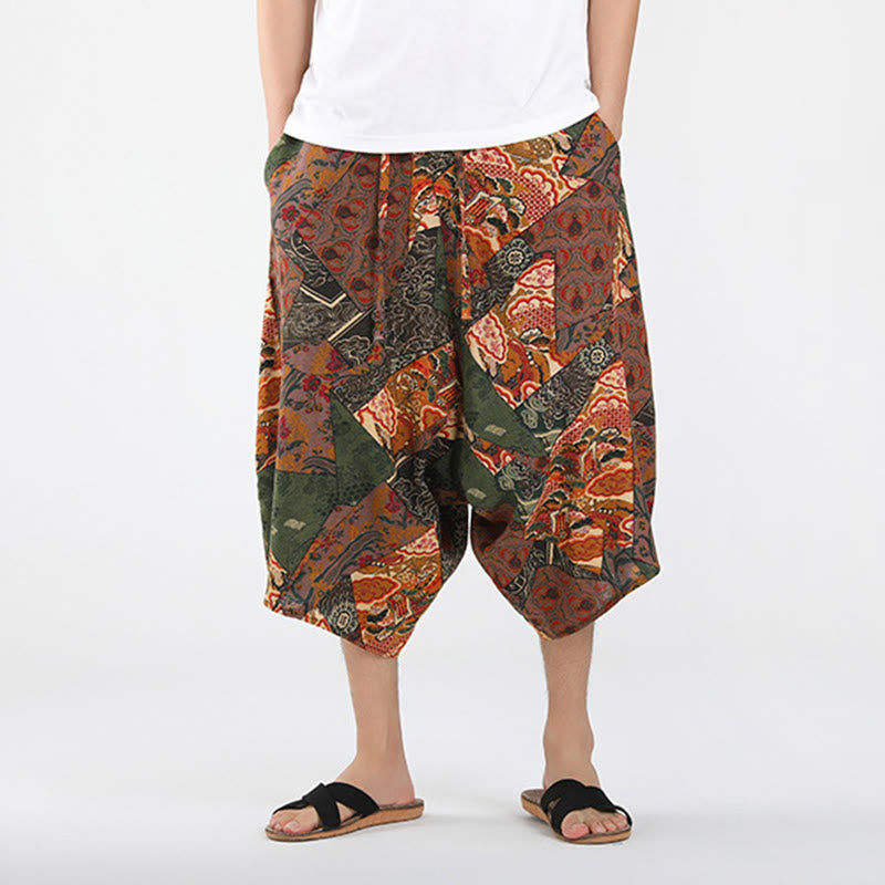 Buddha Stones Sommerliche Boho-Caprihose mit Kordelzug, abstraktem geometrischem Muster und Tasche - image 1