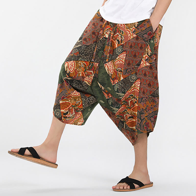 Buddha Stones Sommerliche Boho-Caprihose mit Kordelzug, abstraktem geometrischem Muster und Tasche - image 5