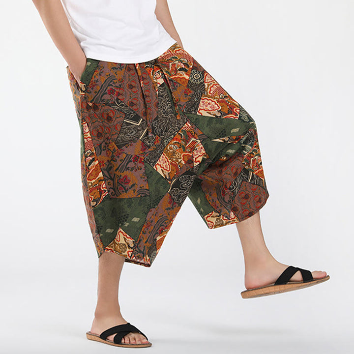 Buddha Stones Sommerliche Boho-Caprihose mit Kordelzug, abstraktem geometrischem Muster und Tasche - image 4