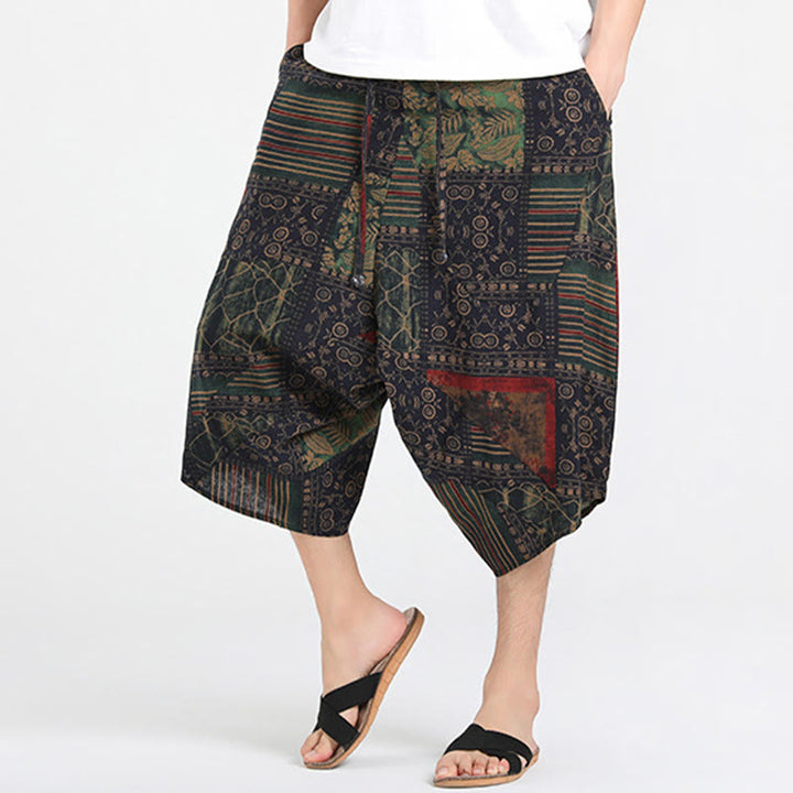 Buddha Stones Sommerliche Boho-Caprihose mit Kordelzug, abstraktem geometrischem Muster und Tasche - image 14