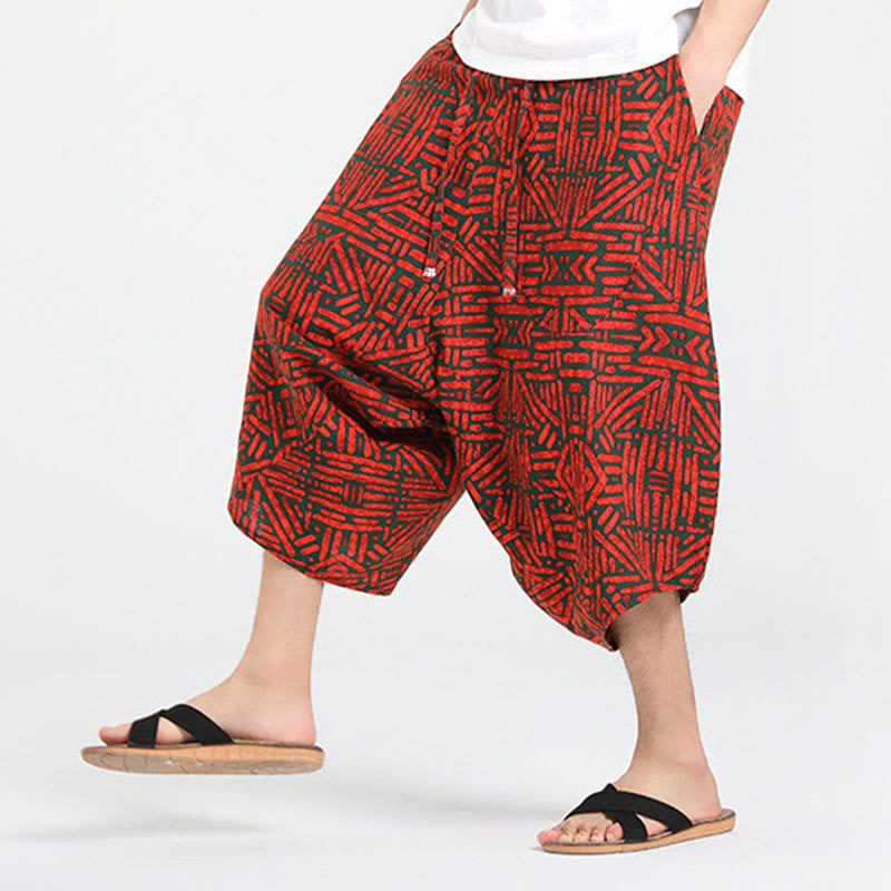 Buddha Stones Sommerliche Boho-Caprihose mit Kordelzug, abstraktem geometrischem Muster und Tasche - image 23