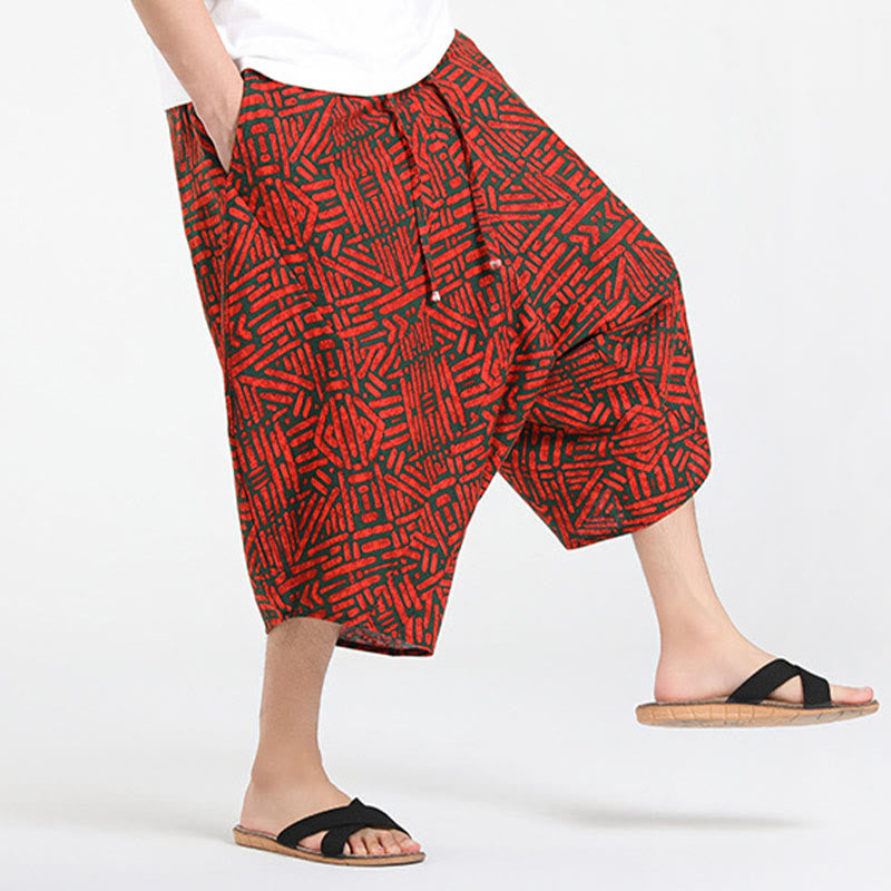 Buddha Stones Sommerliche Boho-Caprihose mit Kordelzug, abstraktem geometrischem Muster und Tasche - image 22