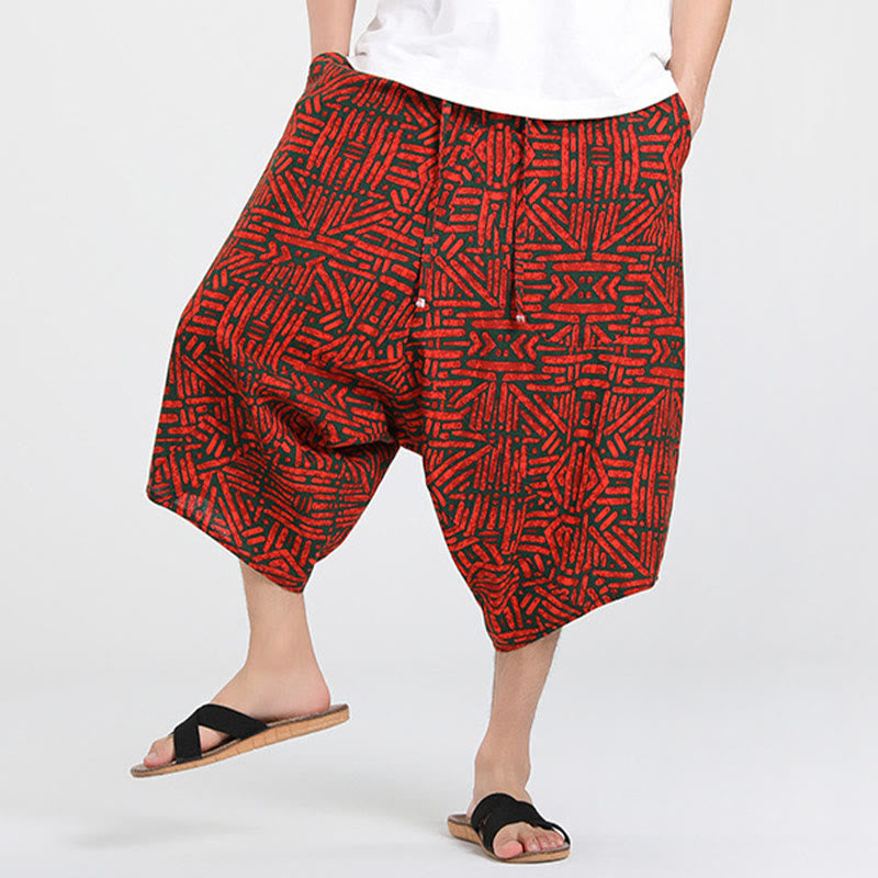 Buddha Stones Sommerliche Boho-Caprihose mit Kordelzug, abstraktem geometrischem Muster und Tasche - image 21