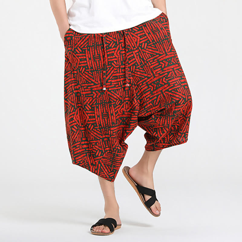 Buddha Stones Sommerliche Boho-Caprihose mit Kordelzug, abstraktem geometrischem Muster und Tasche - image 20