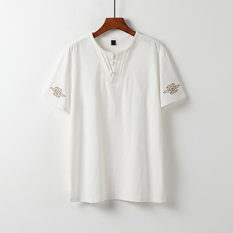 Buddha Stones Sommerliches Kurzarmhemd im Tang-Stil mit Froschknopf, Glückswolken-Stickerei und einfarbigem Design für Herren - Weiß - US/UK/AU54, EU64 (9XL) - image 12