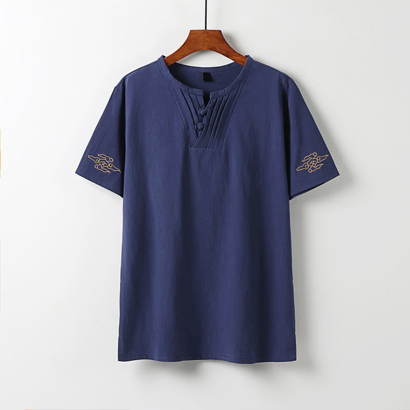 Buddha Stones Sommerliches Kurzarmhemd im Tang-Stil mit Froschknopf, Glückswolken-Stickerei und einfarbigem Design für Herren - Dunkelschieferblau - US/UK/AU54, EU64 (9XL) - image 11