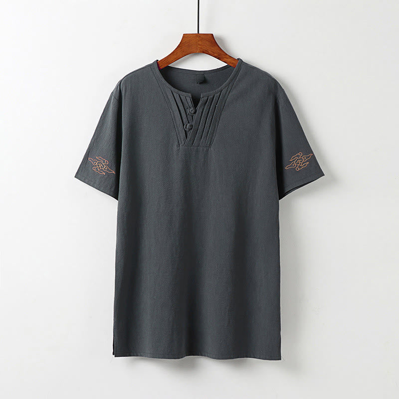 Buddha Stones Sommerliches Kurzarmhemd im Tang-Stil mit Froschknopf, Glückswolken-Stickerei und einfarbigem Design für Herren - DimGray - US/UK/AU54, EU64 (9XL) - image 1