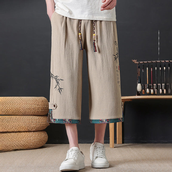 Buddha Stones Sommerliche Tang Style Freizeithose mit Kordelzug und Bambusprint, gerades Bein, mit Tasche - image 10