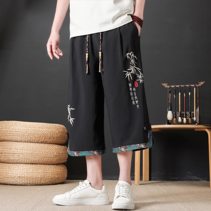 Buddha Stones Sommerliche Tang Style Freizeithose mit Kordelzug und Bambusprint, gerades Bein, mit Tasche - image 1