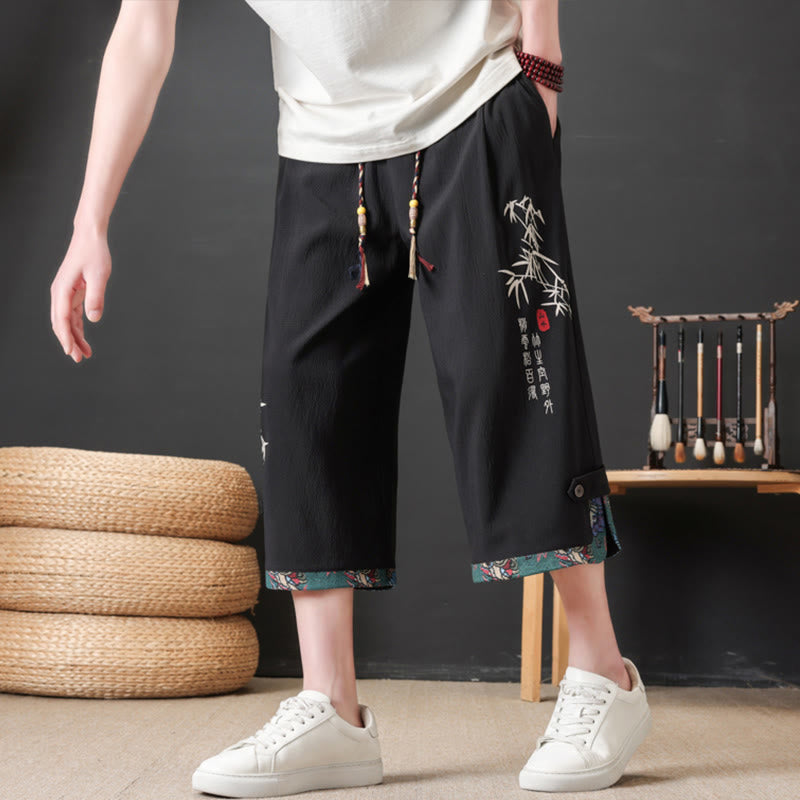 Buddha Stones Sommerliche Tang Style Freizeithose mit Kordelzug und Bambusprint, gerades Bein, mit Tasche - Schwarz - US/UK/AU46, EU56 (4XL) - image 0