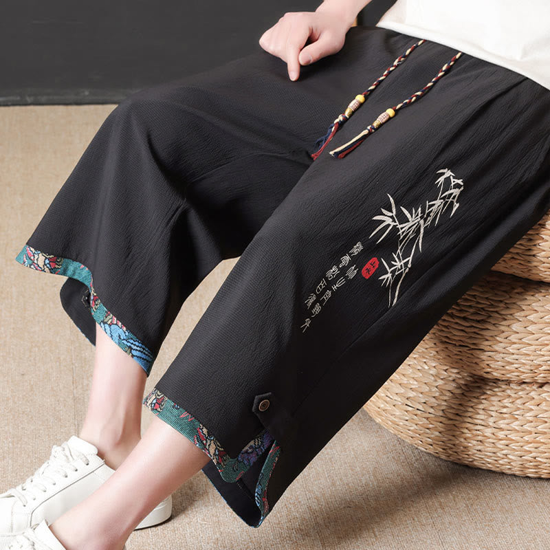 Buddha Stones Sommerliche Tang Style Freizeithose mit Kordelzug und Bambusprint, gerades Bein, mit Tasche - image 4