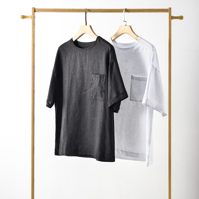 Buddha Stones Lässiges, minimalistisches Sommer-T-Shirt für Herren mit Rundhalsausschnitt, kurzen Ärmeln und aufgesetzter Tasche - image 1