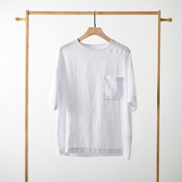 Buddha Stones Lässiges, minimalistisches Sommer-T-Shirt für Herren mit Rundhalsausschnitt, kurzen Ärmeln und aufgesetzter Tasche - image 5