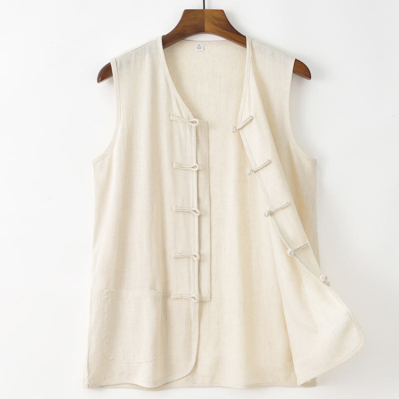 Buddha Stones Sommerliches Tanktop im Tang-Stil mit Froschknopfleiste, ärmellos, mit Tasche - Beige - US/UK/AU48, EU58 (4XL) - image 2