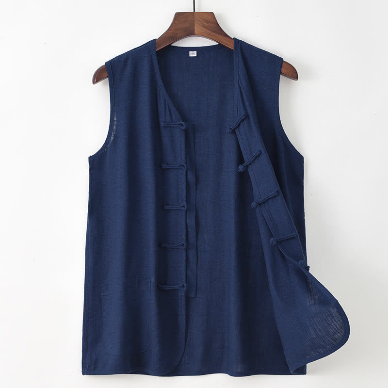 Buddha Stones Sommerliches Tanktop im Tang-Stil mit Froschknopfleiste, ärmellos, mit Tasche - Marine - US/UK/AU48, EU58 (4XL) - image 0