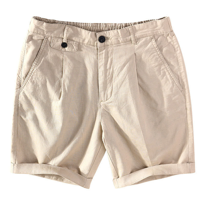 Buddha Stones Lässige, minimalistische Herrenshorts mit Knopf und Reißverschluss aus Baumwoll-Leinen-Mischgewebe für Frühling und Sommer mit Tasche – ideal für Frühling und Sommer. - Bräunen - US/ UK/AU42, EU52 (3XL) - image 0