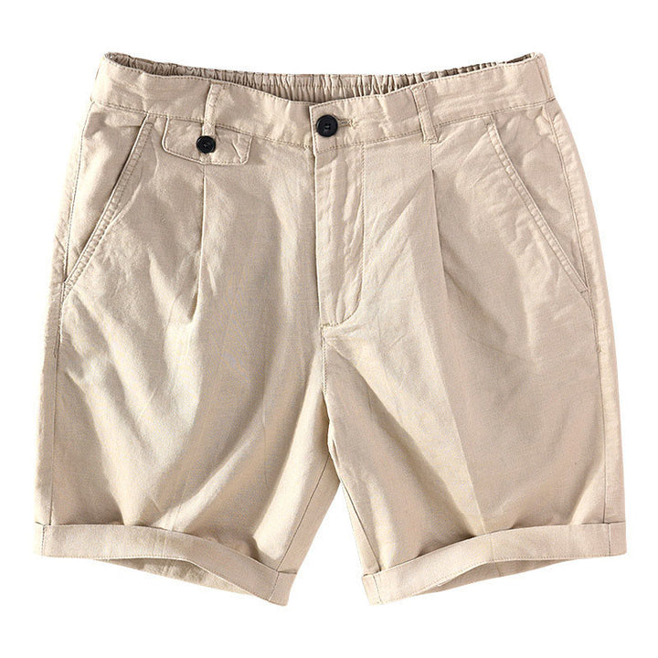 Buddha Stones Lässige, minimalistische Herrenshorts mit Knopf und Reißverschluss aus Baumwoll-Leinen-Mischgewebe für Frühling und Sommer mit Tasche – ideal für Frühling und Sommer. - Bräunen - US/ UK/AU42, EU52 (3XL) - image 0
