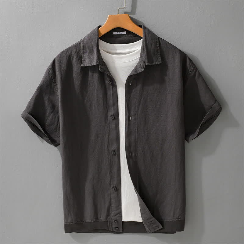 Buddha Stones Lässiges, minimalistisches Kurzarmhemd für Herren mit Stehkragen und Knopfleiste – einfarbig - Dunkelgrau - US/ UK/AU42, EU52 (3XL) - image 6