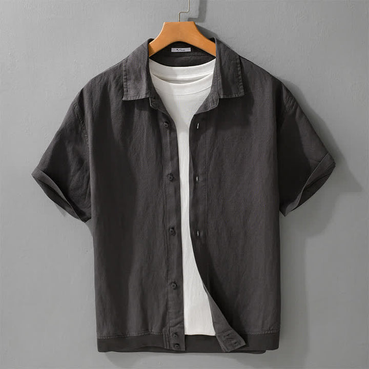 Buddha Stones Lässiges, minimalistisches Kurzarmhemd für Herren mit Stehkragen und Knopfleiste – einfarbig - Dunkelgrau - US/ UK/AU42, EU52 (3XL) - image 6