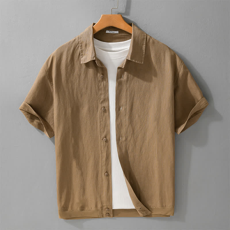 Buddha Stones Lässiges, minimalistisches Kurzarmhemd für Herren mit Stehkragen und Knopfleiste – einfarbig - Bräunen - US/ UK/AU42, EU52 (3XL) - image 0