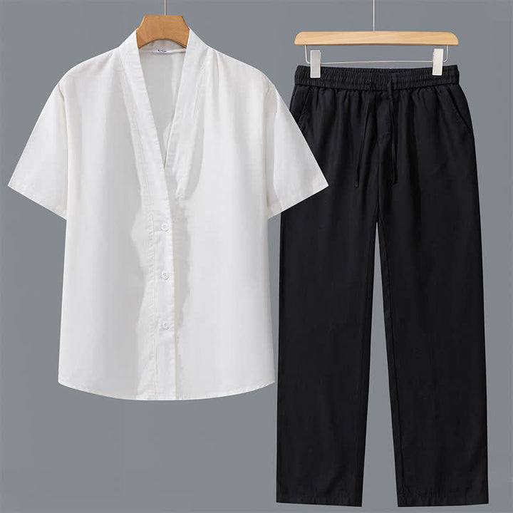 Buddha Stones 2-teiliges Set für Frühling und Sommer: Lässiges, minimalistisches Herrenhemd mit Knopfleiste, Kordelzughose, einfarbiges Meditationstuch mit Taschen - Weißes Hemd + Schwarze Hose - US/ UK/AU42, EU52 (3XL) - image 11