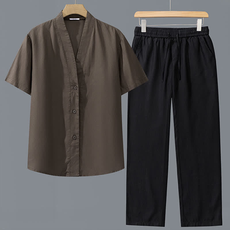Buddha Stones 2-teiliges Set für Frühling und Sommer: Lässiges, minimalistisches Herrenhemd mit Knopfleiste, Kordelzughose, einfarbiges Meditationstuch mit Taschen - Braunes Hemd + schwarze Hose - US/ UK/AU42, EU52 (3XL) - image 3